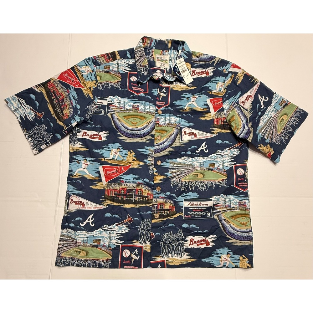 Reyn Spooner Atlanta Braves MLB Scenic Hawaiian Shirt Navy Blue Large B285012120